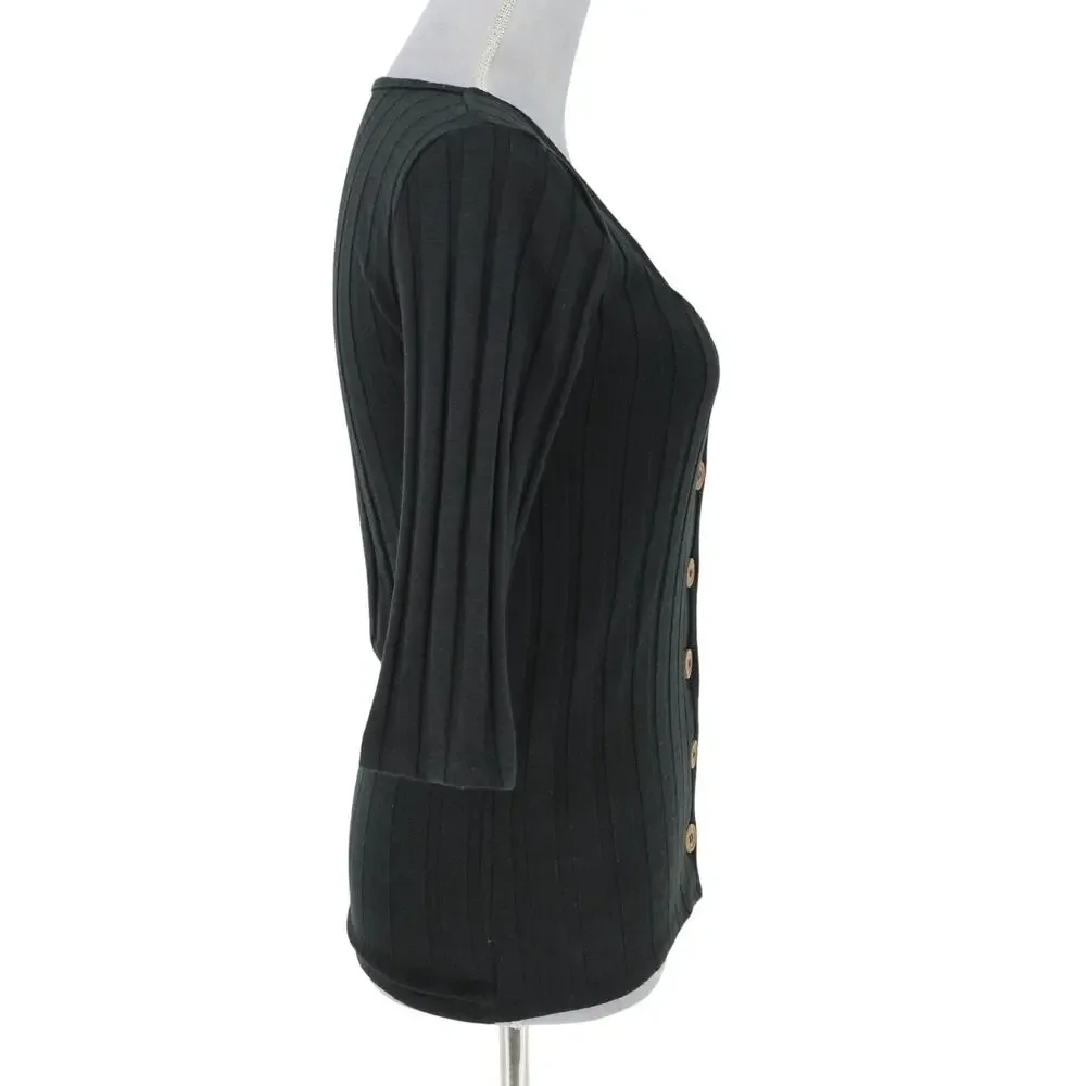 Free People Sweater Womens Medium Black Ribbed Knit Buttons Square Neck Y2K - Picture 5 of 15